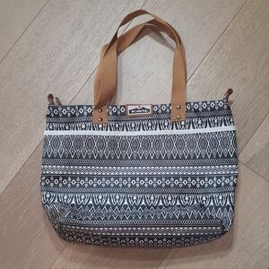 Kavu Babette Bag Black/White Tribal/Geometric Coated Canvas Tote with Tan Straps